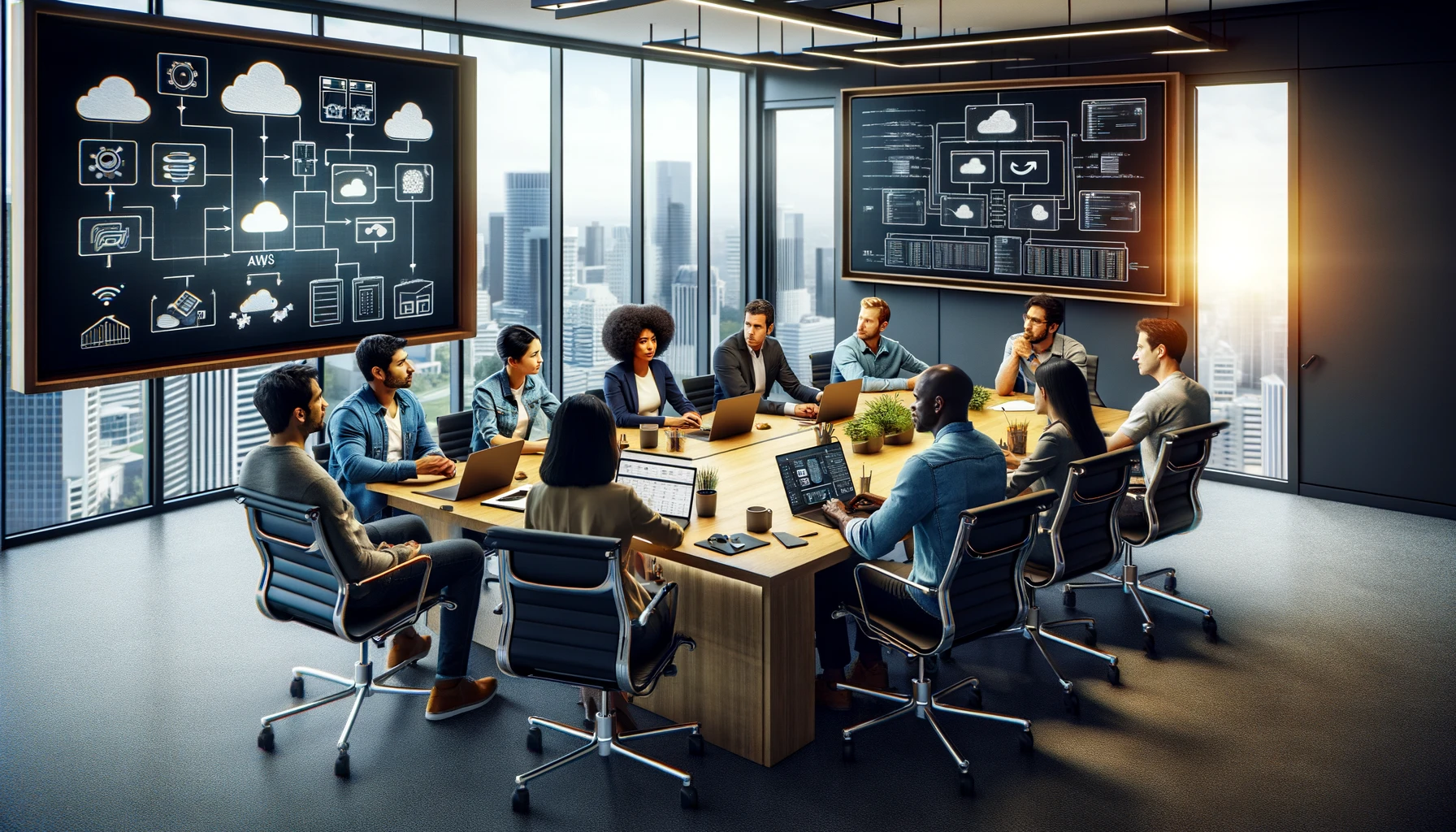 the cloud engineering team working together in a meeting room with an AWS diagram